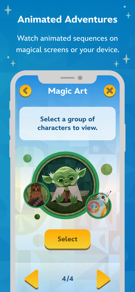 Disney Team of Heroes - Disney Team of Heroes app Magic Art screen featuring Star Wars characters Yoda Chewbacca and BB8