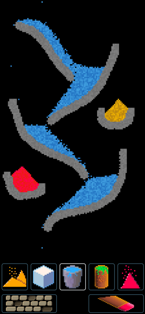 Pixel Sand - digital sandbox - Pixel art simulation of water flowing through dams in a digital sandbox game