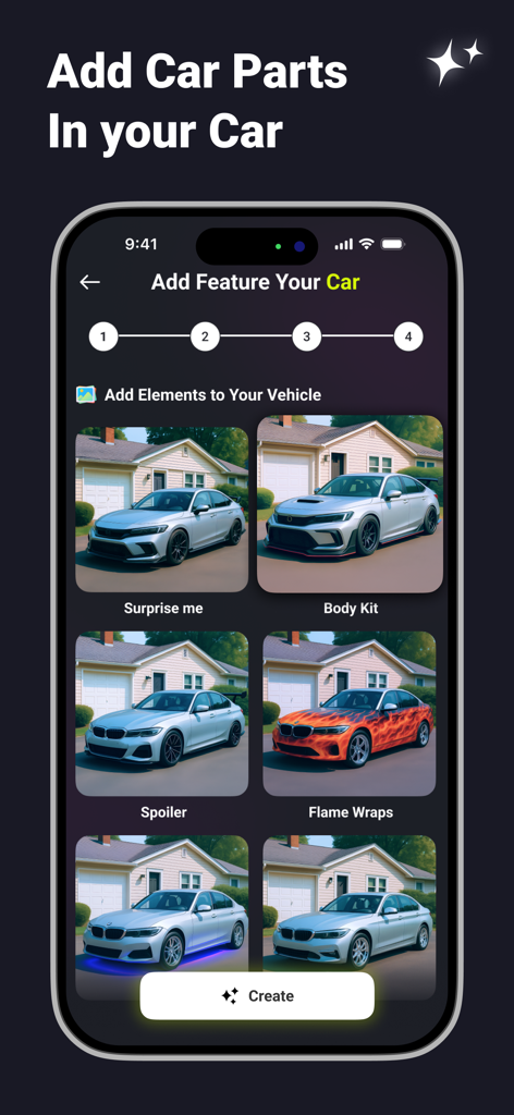 AI Car Designer Modify: AI Car - AI Car Designer app interface showing options to add car parts like body kits spoilers and flame wraps