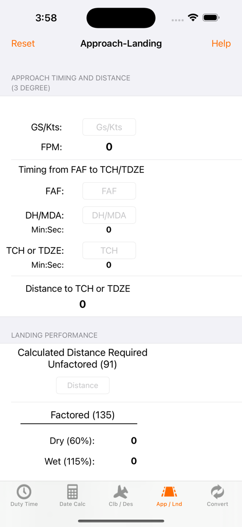 Pilot Duty & Performance Calc - タイミングと距離の指標を示す、パイロット向けの進入および着陸性能計算画面。