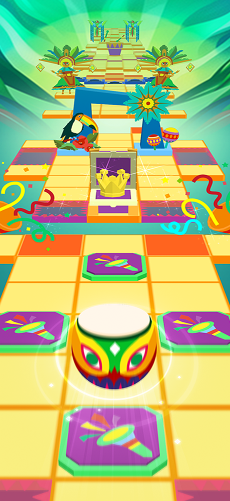 Rolling Sky - Una pista de obstáculos 3D colorida en Rolling Sky con una temática de carnaval festivo con un tambor, un tucán y una corona dorada.