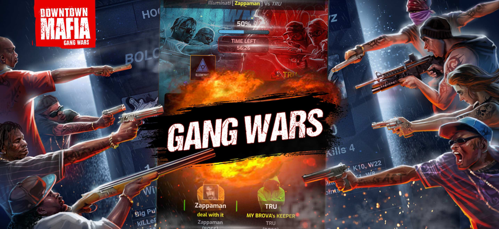 Downtown Mafia: Gang Wars RPG - Action illustration of rival gangs fighting in Downtown Mafia Gang Wars