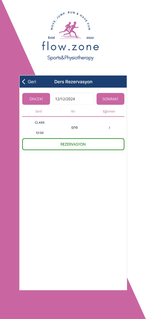 Flow Zone - Pantalla de reserva de clases de la aplicación móvil Flow Zone que muestra una clase programada a las 12:00 con un botón de reserva