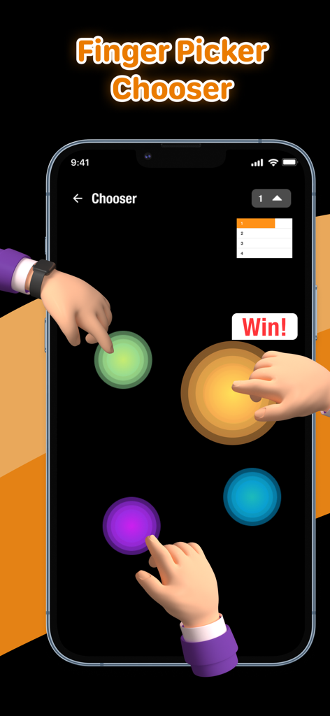 Spin The Wheel - Finger Picker - Three people touching an iPhone screen using the Finger Picker Chooser feature to make a random selection with one winner highlighted.