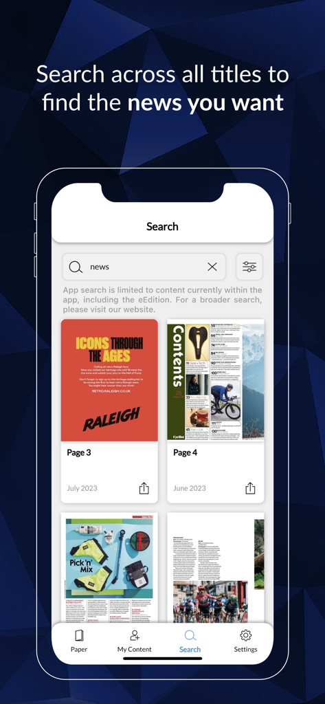 Cyclist magazine - Search screen of the Cyclist magazine app showing results for cycling news and magazine archives