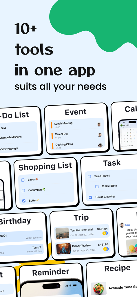 A display of the FamCal app features including shopping lists, event planning, task management, and shared trip tracking.