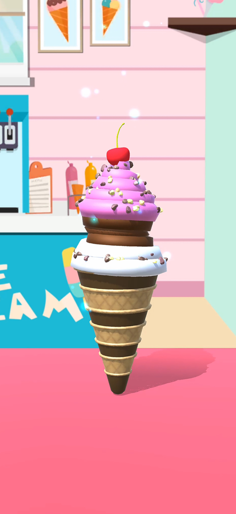 Ice Cream Inc. - A colorful three-layered ice cream cone with vanilla, chocolate, and strawberry soft-serve topped with sprinkles and a cherry.