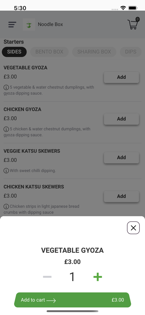 NOODLE- BOX - Pantalla del menú de la aplicación Noodle Box que muestra la selección de gyoza de verduras y guarniciones japonesas.