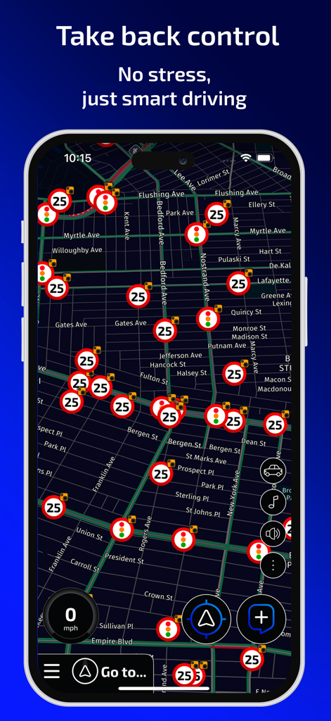 Radarbot app interface showing a city map with multiple speed camera and red light alerts