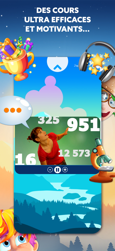 Wiloki-App-Bildschirm mit einer Mathe-Videolektion mit einem Lehrer und pädagogischen Symbolen.