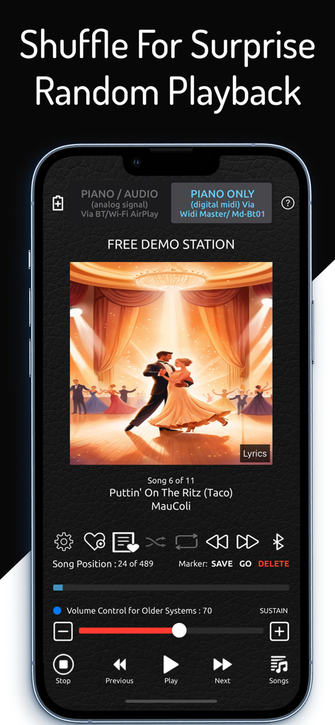 PianoStream Piano MIDI Player - PianoStream app interface showing shuffle playback and song controls