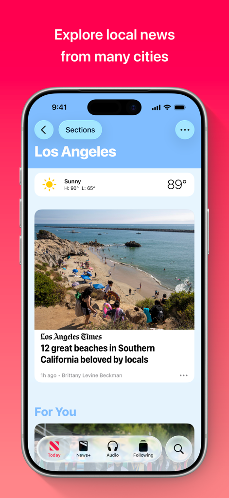 Apple News 앱 인터페이스에 로스앤젤레스의 지역 뉴스 및 날씨가 표시됨