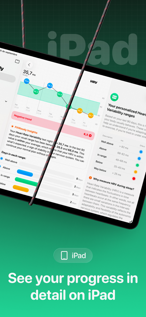 FitWoody: Health Tracker - Aplicativo FitWoody health tracker exibindo dados detalhados de variabilidade da frequência cardíaca e progresso em um iPad