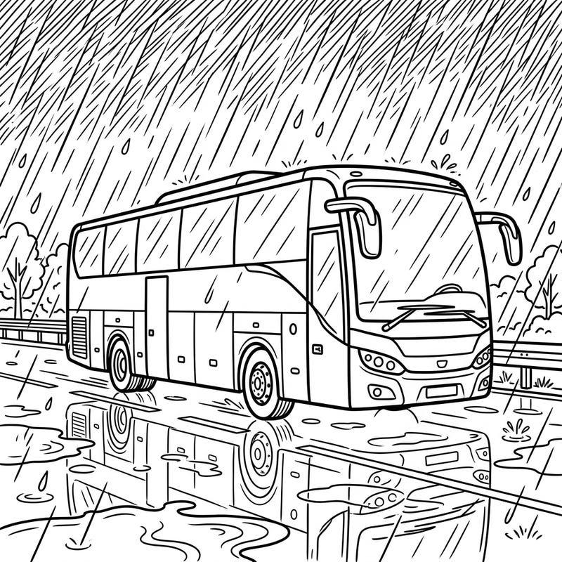 Embark on a captivating coloring adventure with this detailed depiction of a coach bus navigating a rainy day. Observe the intricate reflections and dynamic rain effects, ready for your creative touch to bring this atmospheric scene to life.