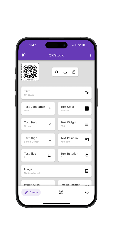 Interface of the QR Studio Pro app showing advanced text customization options for a QR code including color style and alignment
