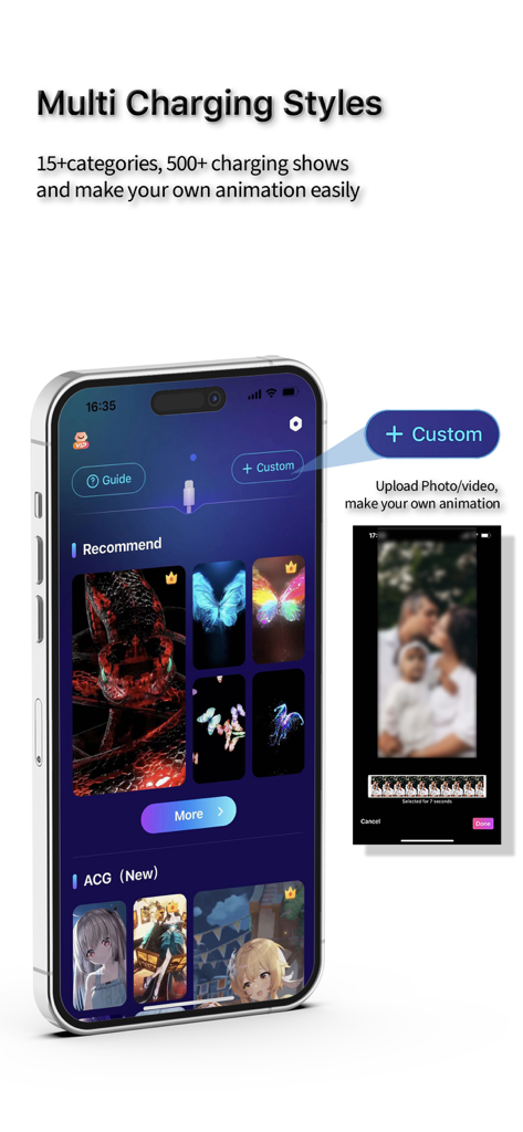 Mimpi-Live Wallpaper&Animation - iPhone screen showing Mimpi app charging styles and custom animation creator