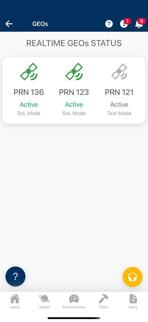EGNOS - Panel de estado en tiempo real que muestra satélites geoestacionarios activos y códigos PRN en la aplicación de navegación EGNOS