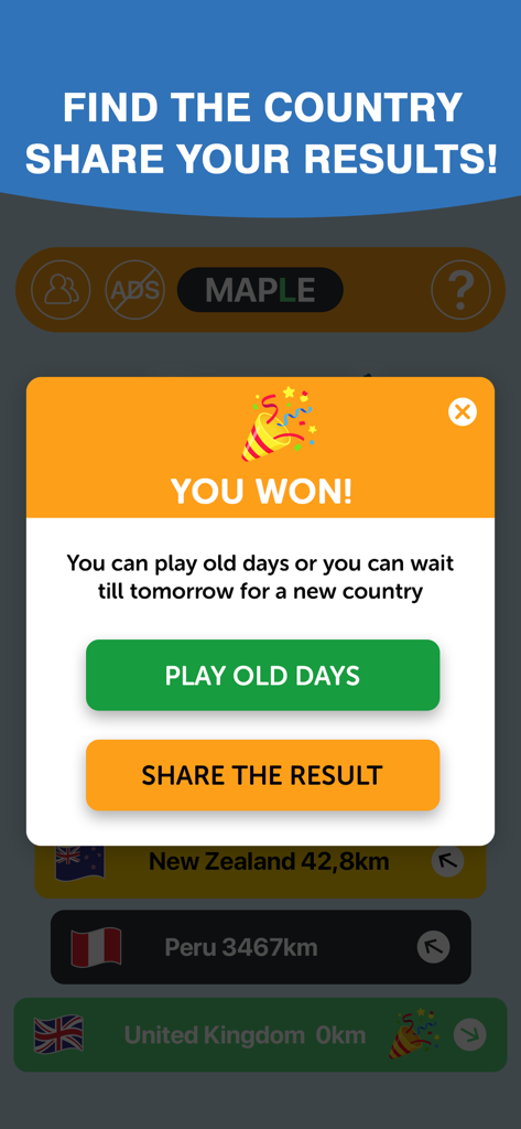 Maple: Worldle Country Guess - Victory popup in the Maple Worldle game after correctly guessing United Kingdom with options to share results