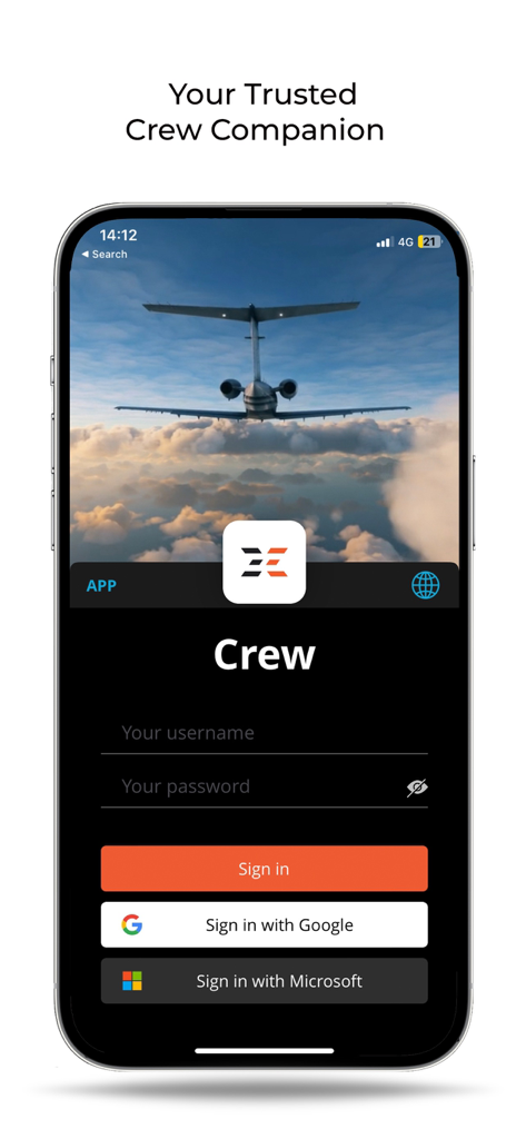 FL3XX Crew - FL3XX Crew mobile app login screen with private jet image and sign-in options