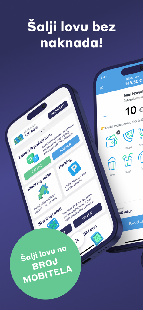KEKS Pay - Pantallas de teléfono móvil que muestran la interfaz de la aplicación KEKS Pay para enviar dinero a números de teléfono y pagar facturas y estacionamiento