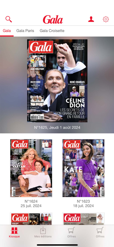 Digital newsstand view in the Gala magazine app featuring covers with Celine Dion and Kate Middleton