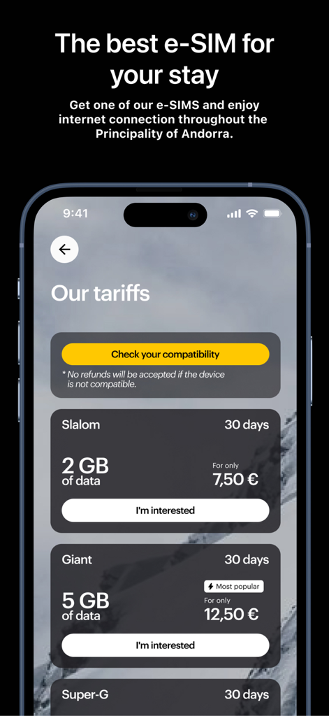 안도라에서 모바일 연결을 위한 Grandvalira Resorts 앱 eSIM 데이터 요금제