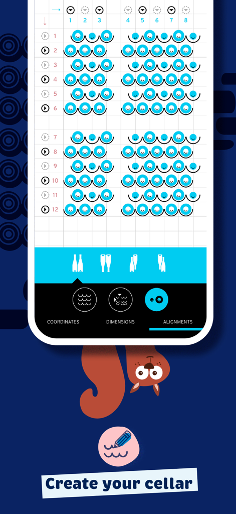 PLOC, you'll be wine - A mobile app screen for designing a visual wine cellar layout with customizable bottle positions.
