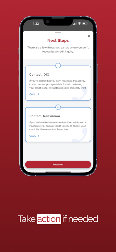 Tela do aplicativo IdentityIQ exibindo os próximos passos para responder a um alerta de consulta de crédito