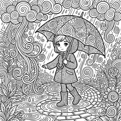 Embrace the beauty of a rainy day with this wonderfully detailed coloring page, featuring a charming character amidst a world of swirling patterns. Every element, from the umbrella to the puddles, is adorned with intricate spirals, promising a delightful and relaxing artistic escape.