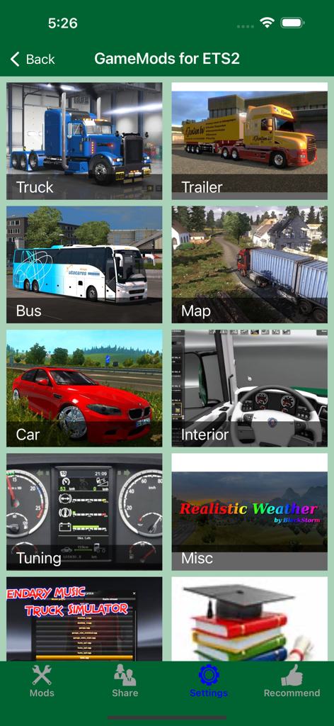 Grid menu of Euro Truck Simulator 2 mod categories including trucks trailers maps and interiors