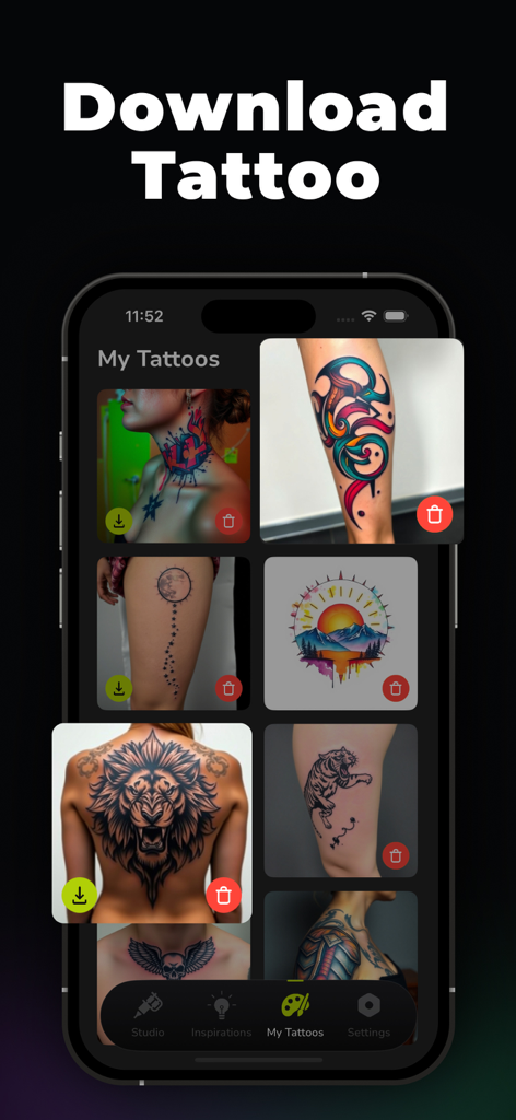 AI Tattoo Generator - TattooAI - TattooAIのマイタトゥー画面に、保存されたカスタムデザインとダウンロードアイコンが表示されている