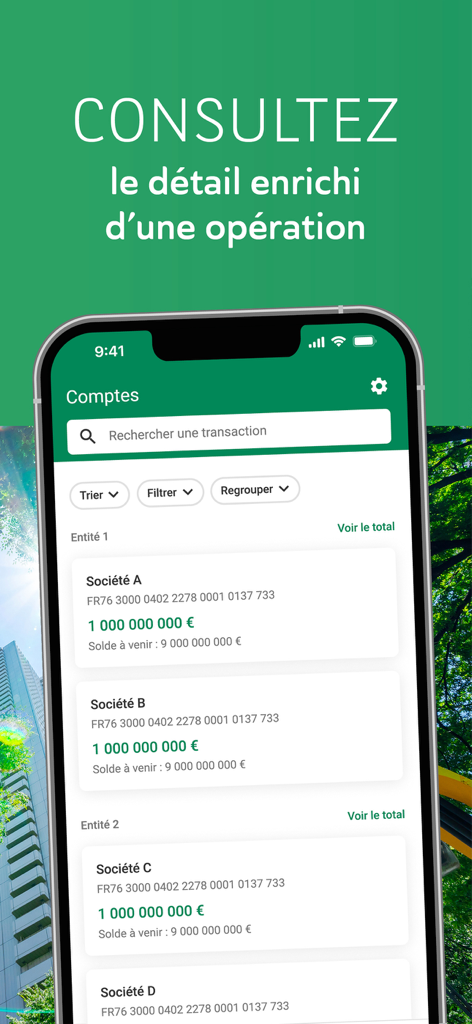 Screenshot of Ma Banque Entreprise app displaying corporate account balances and transaction search