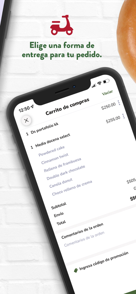 Krispy Kreme México - Smartphone screen showing the Krispy Kreme Mexico app shopping cart with a list of donuts and delivery options