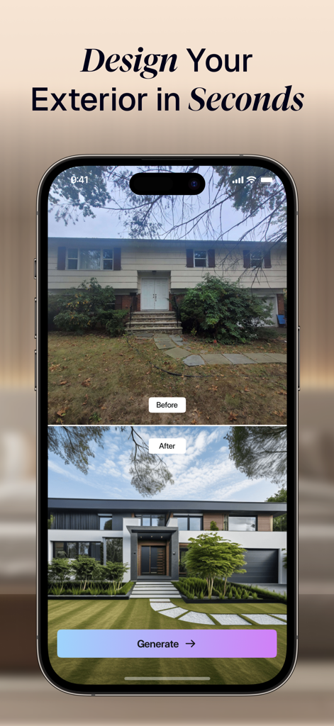 A before and after comparison of a house exterior redesign using Archi AI interior and exterior design app.