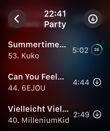 Apple Watch interface showing a music playlist with offline download progress