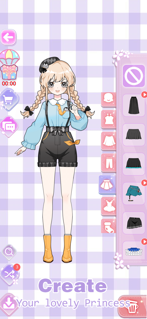 Pantalla de personalización de personaje de chica de anime en el juego de vestir Vlinder Princess