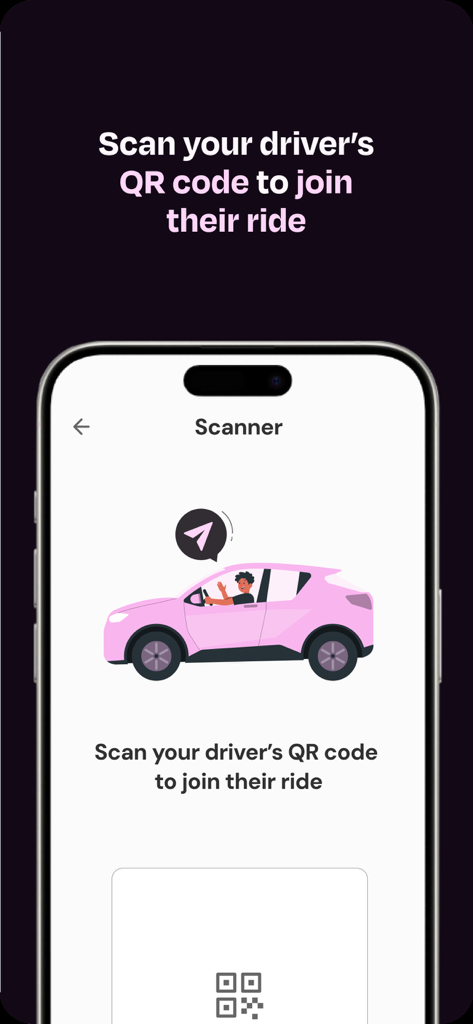 TRIBBU - Carpooling - Una interfaz de smartphone de la aplicación TRIBBU para escanear el código QR de un conductor y unirse a un viaje compartido.