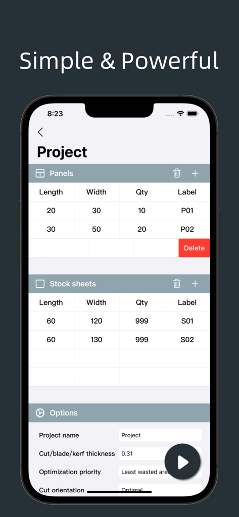 CutList Optimizer - CutList Optimizer app project screen showing input tables for panel and stock sheet dimensions