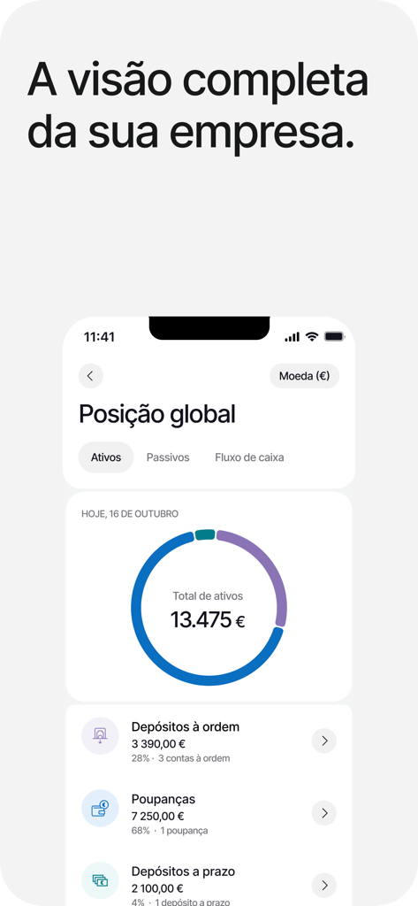 Business banking dashboard showing total assets and account balances on the Caixadirecta Empresas app