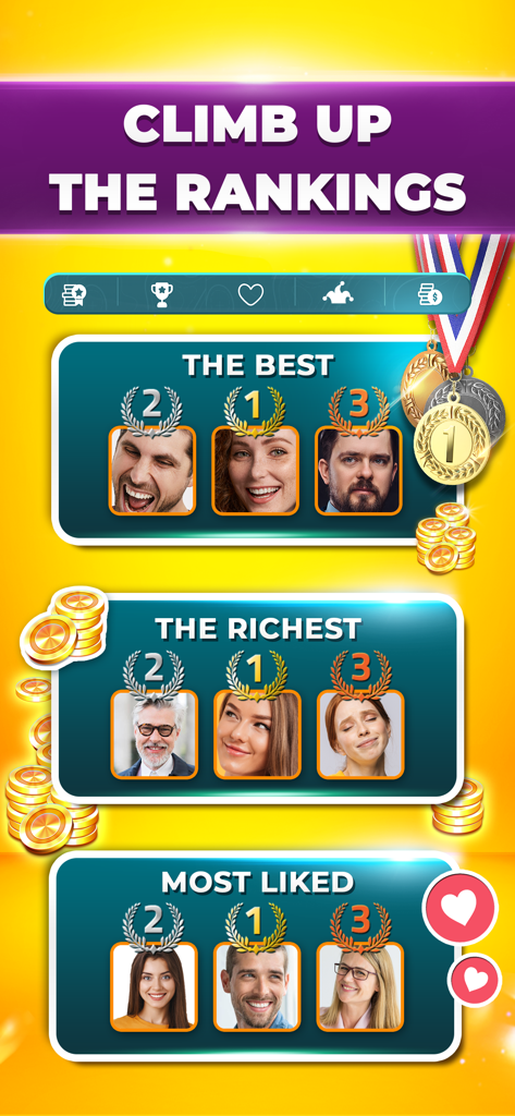 VIP Remi Etalat and Backgammon - A social leaderboard screen showing the top players in categories like The Best, The Richest, and Most Liked.