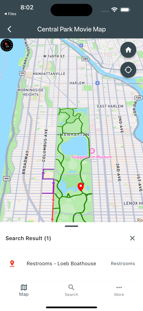 Central Park Movie Map - GPS map interface of Central Park showing a search result for restrooms near Loeb Boathouse.