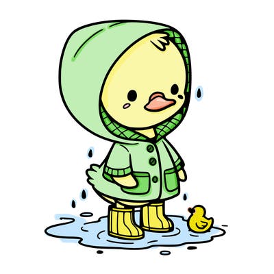 baby duck in a rain coat and boots, in a puddle while it’s raining
