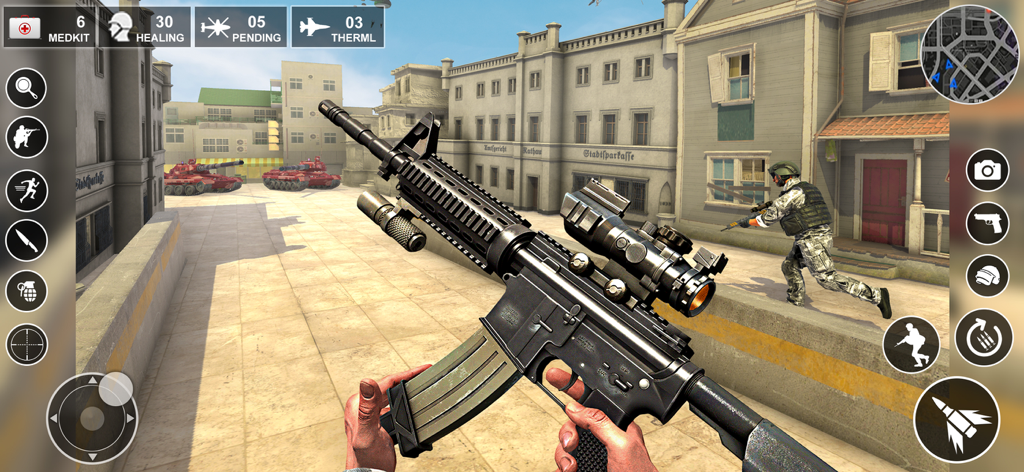 Anti Terrorist Shooting Game - Jugabilidad de disparos en primera persona con un comando sosteniendo un rifle de asalto en un entorno urbano.