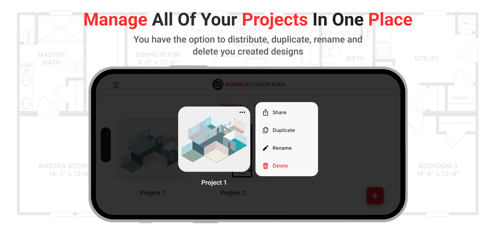 Magical Floor Planner | Design - デザインプロジェクトの管理、共有、複製オプションを表示しているMagical Floor Plannerアプリのインターフェース