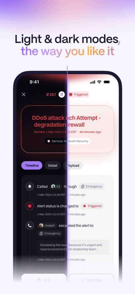 Split view of the Rootly app showing a DDoS attack alert in light and dark modes
