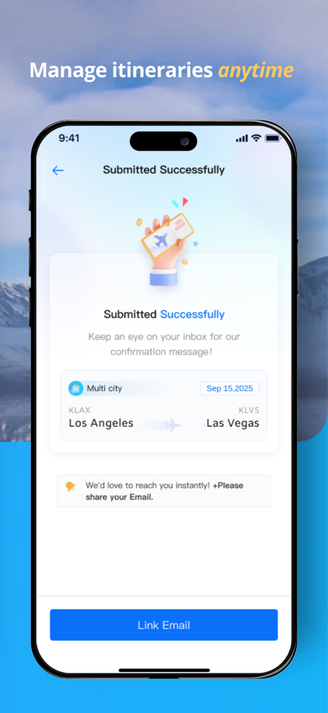 Private jet flight booking confirmation screen on JETBAY app for a trip from Los Angeles to Las Vegas.