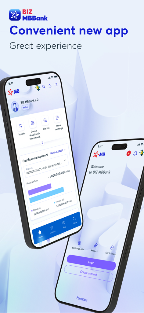 Interfaz de la aplicación BIZ MBBank 2.0 para banca empresarial que presenta gráficos de gestión de flujo de caja e inicio de sesión móvil.