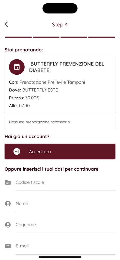 Pagina di prenotazione per un test di prevenzione del diabete nell'app Butterfly Laboratorio Analisi.