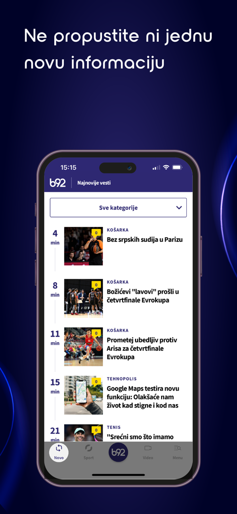 B92 - Interfaccia dell'app di notizie B92 che mostra un feed degli ultimi articoli serbi, inclusi sport e tecnologia