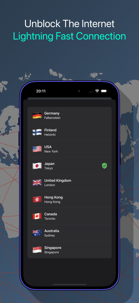 Unblock Master VPN app interface showing a list of global server locations for a fast connection